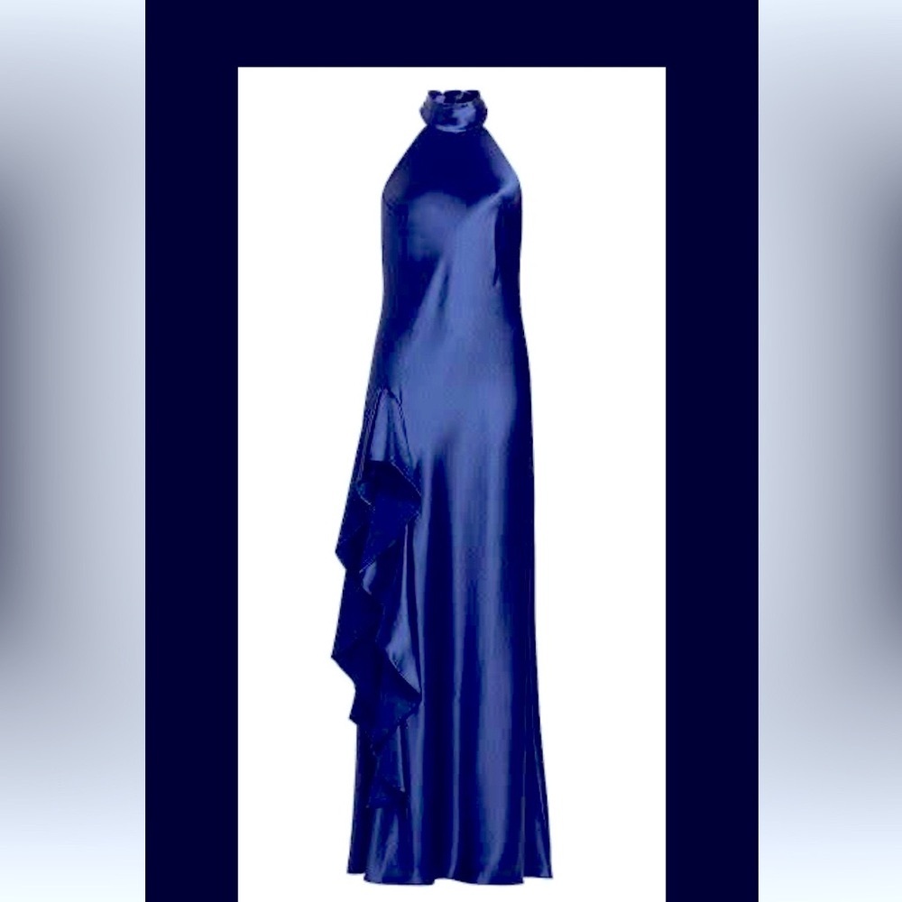 MILLY NAVY SATIN HALTER GOWN-SIZE 8